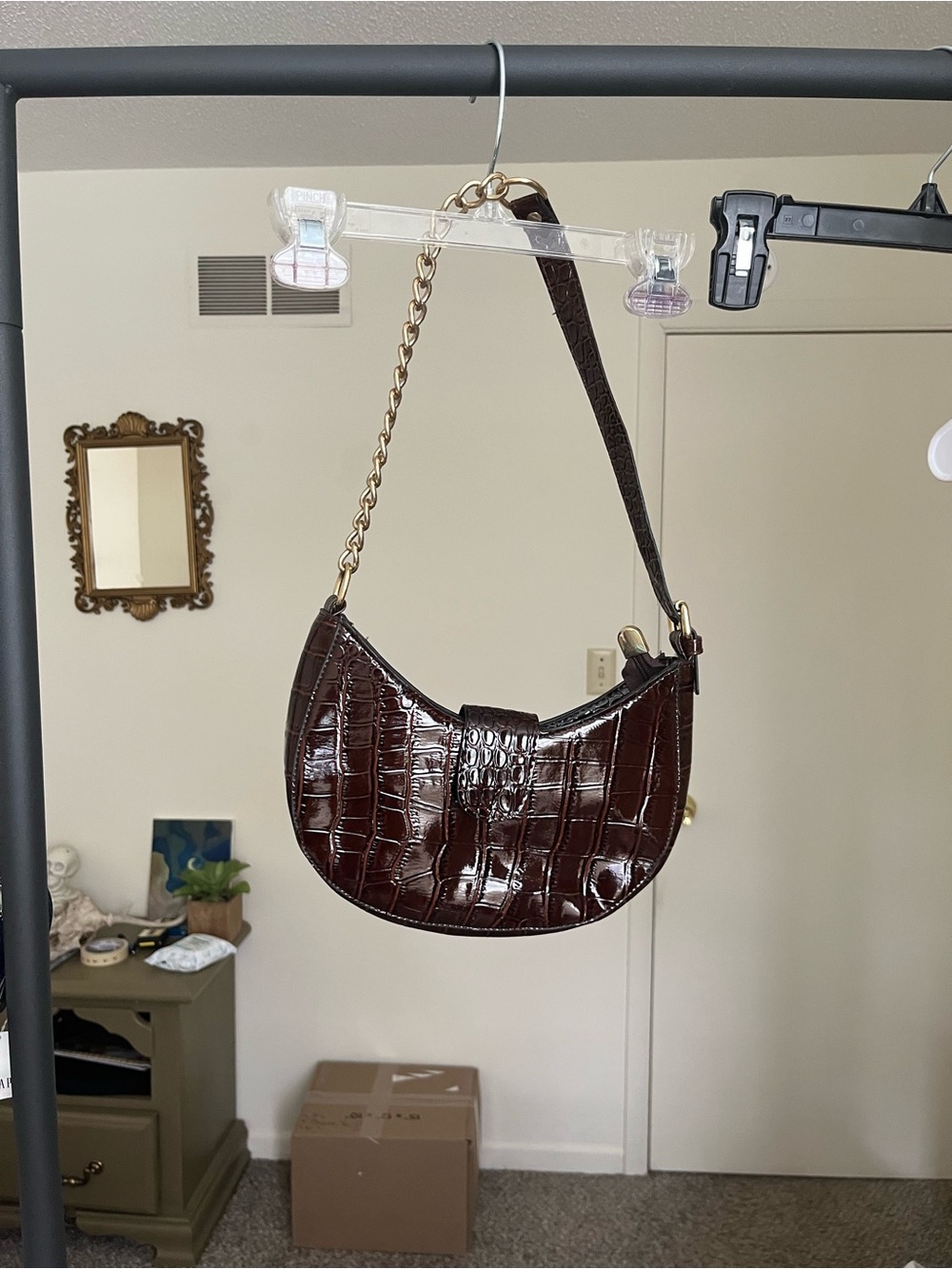 Amazon Dark Brown Croc-Embossed Crescent Shoulder Bag with Chain